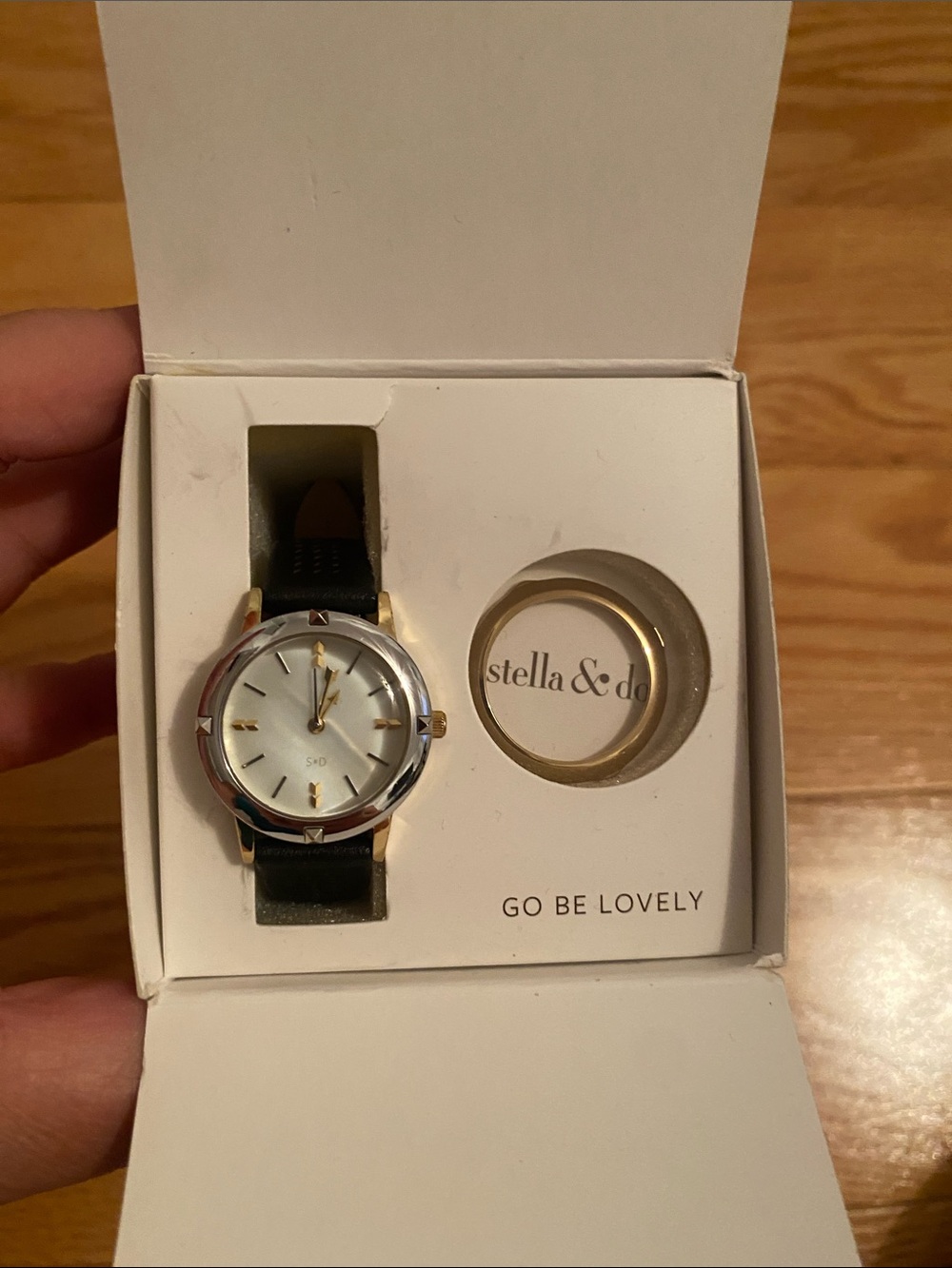 Stella & Dot Two-Tone Gold and Silver Case Watch with Black Strap